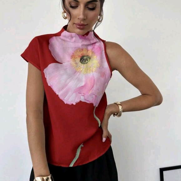One Shoulder Printed Elegant Holiday Blouse - Picture 5 of 6